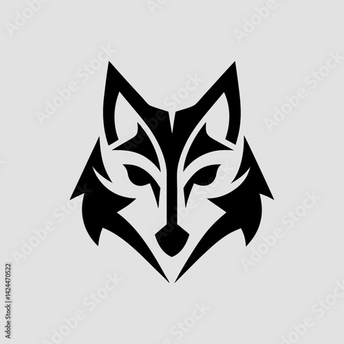 A black vector drawing features a tribal wolf head alongside a fox head, showcasing a wild animal design