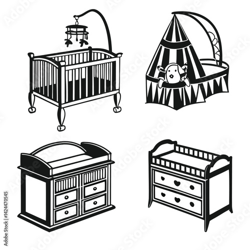 Nursery Furniture Set Crib, Play Tent, Changing Table, Dresser