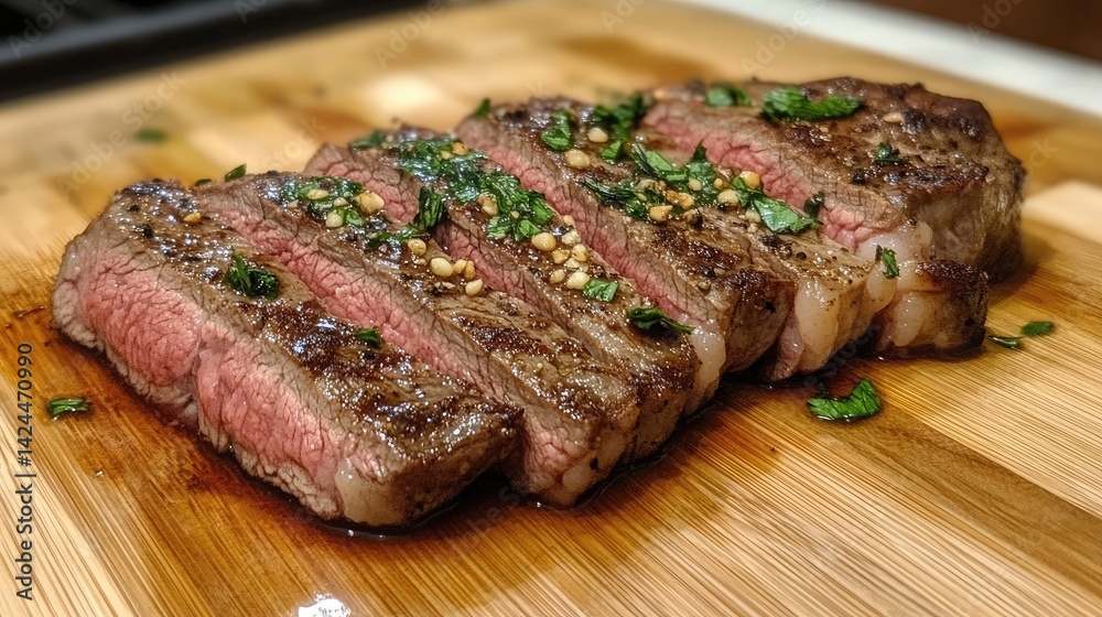 Sliced steak showing medium well doneness, warm center fading to brown Sliced steak showing medium well doneness, warm center fading to brown