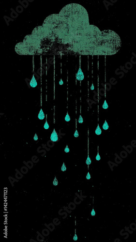 A single cloud with turquoise raindrops on a black background. The effect is a surreal and dreamy depiction of rainy weather, with each drop glowing blue to add an element of magic to the design.