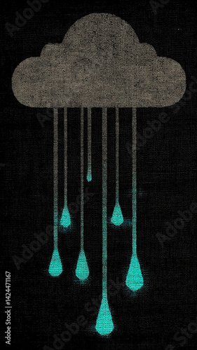 A single cloud with turquoise raindrops on a black background. The effect is a surreal and dreamy depiction of rainy weather, with each drop glowing blue to add an element of magic to the design.