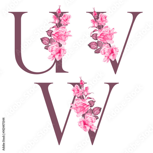 Hand painted watercolor floral alphabet - letters UVW. The letters of the alphabet are dark pink and decorated with watercolor roses. Wedding, birthday, children's party, any creative ideas. photo