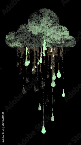 A single cloud with turquoise raindrops on a black background. The effect is a surreal and dreamy depiction of rainy weather, with each drop glowing blue to add an element of magic to the design.