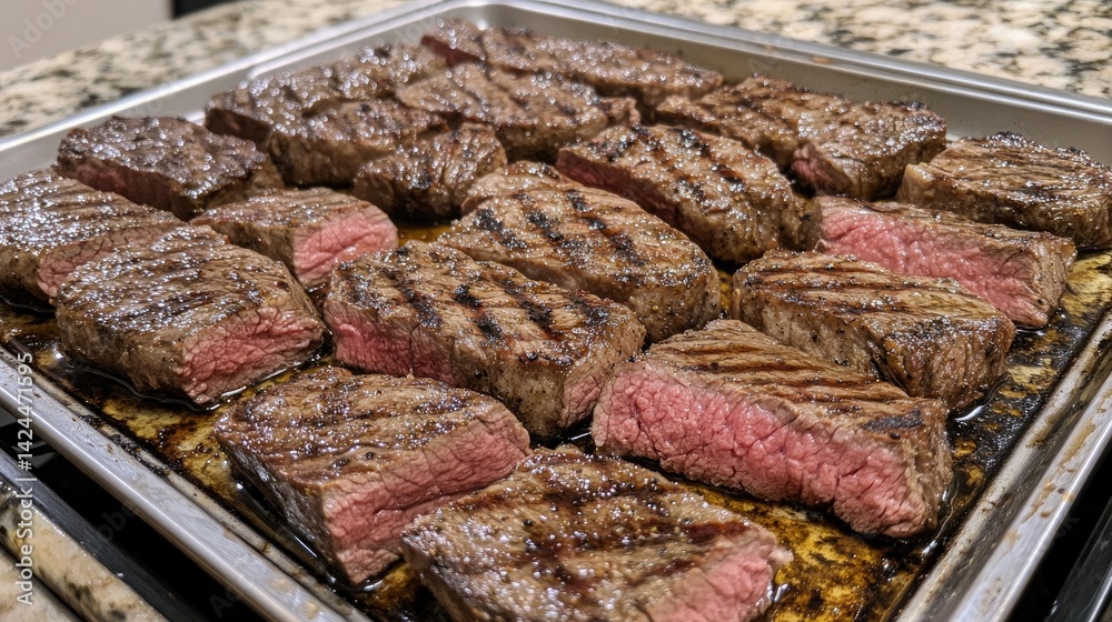 Steak flipped once, surface browning while keeping cool interior.