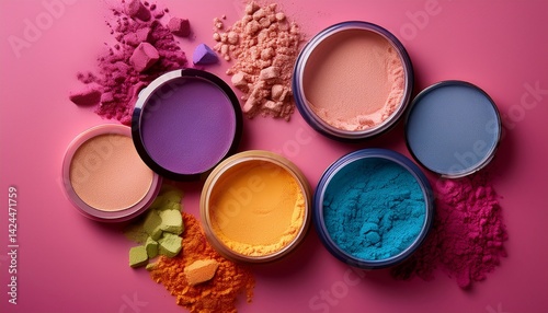 colorful makeup powders arranged on a vibrant pink background