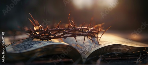 Crown of Thorns on an Open Bible Depicting the Crucifixion of Jesus Christ in a Symbolic Religious Setting