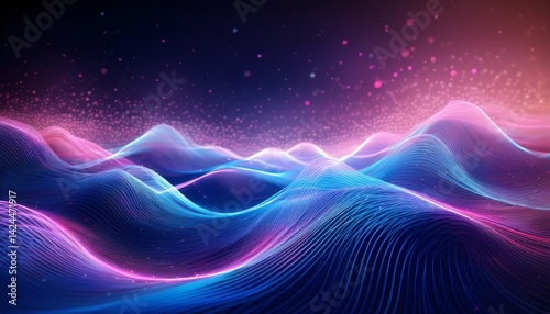 vibrant abstract waves of light and particles in shades of blue and pink creating a captivating digital landscape