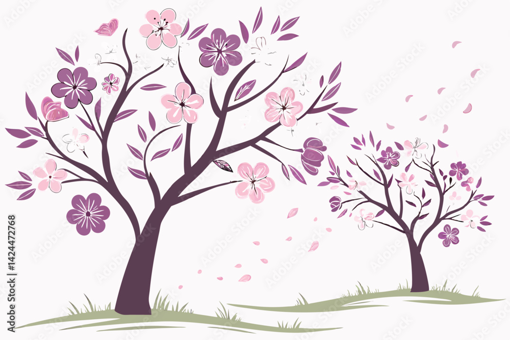 Fototapeta premium 43 Watercolor painting, two blossoming trees, spring season, pink and purple flowers, green leaves, delicate brushstrokes, soft pastel colors, botanical illustration, minimalist style, white backgroun