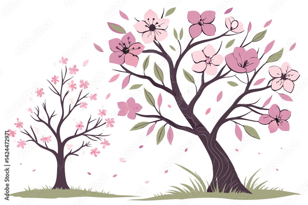 Fototapeta premium 43 Watercolor painting, two blossoming trees, spring season, pink and purple flowers, green leaves, delicate brushstrokes, soft pastel colors, botanical illustration, minimalist style, white backgroun