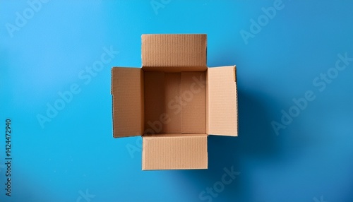 overhead view of open empty cardboard box on blue background