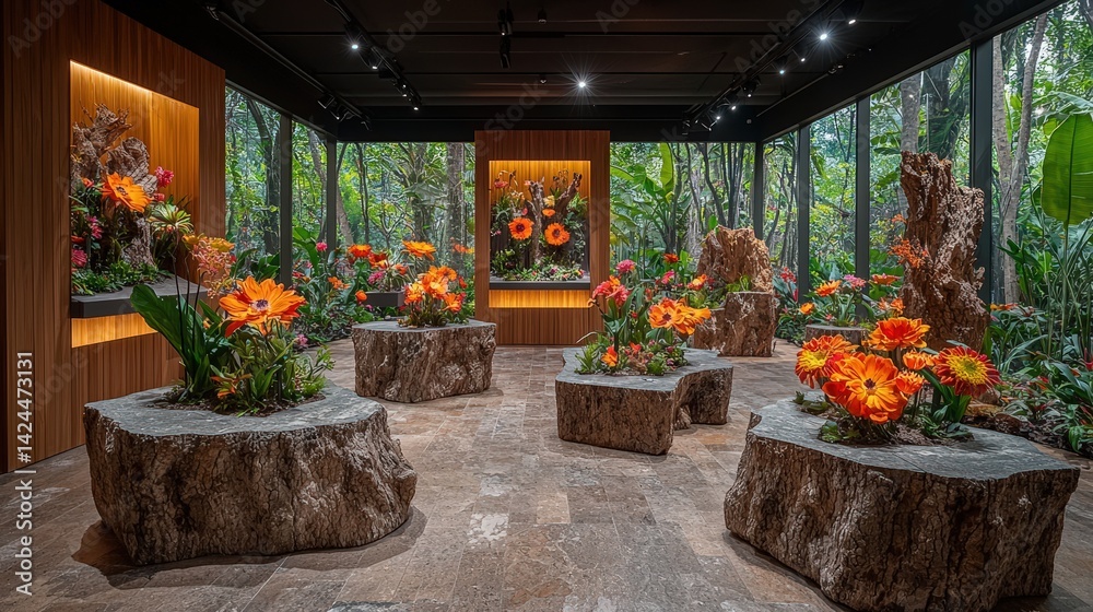 Obraz premium Captivating indoor floral display with vibrant orange blossoms and natural wood accents