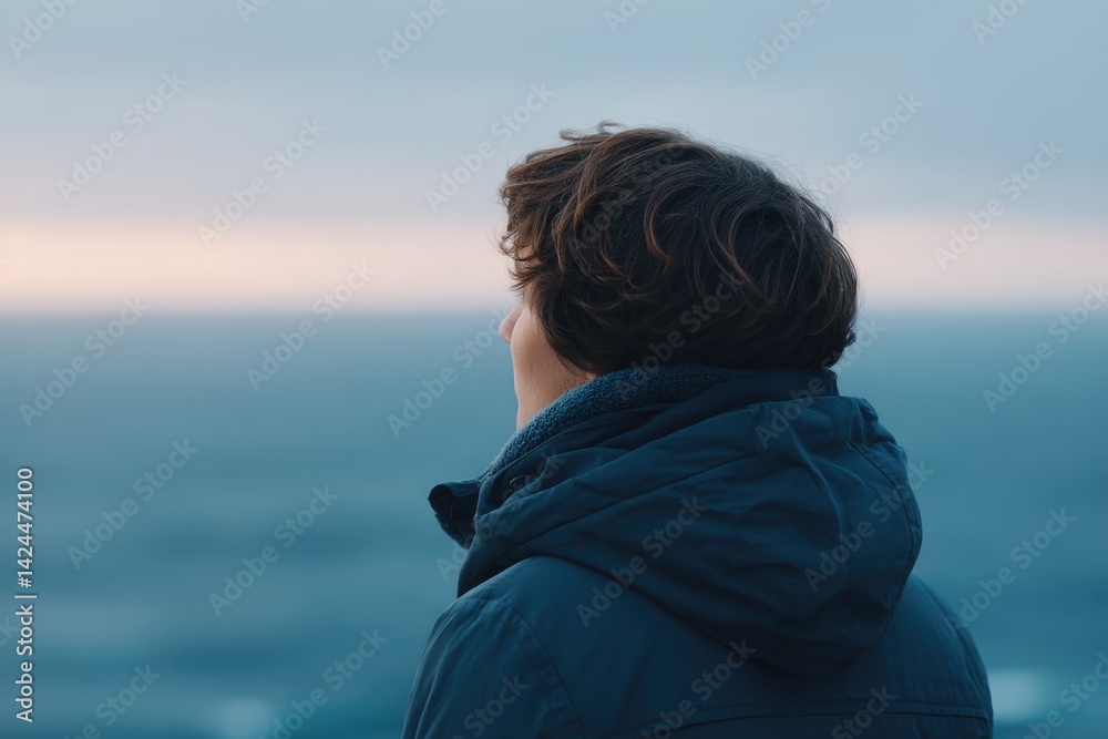 Fototapeta premium portrait of individual against softly blurred ocean evoking serene minimalistic vibe