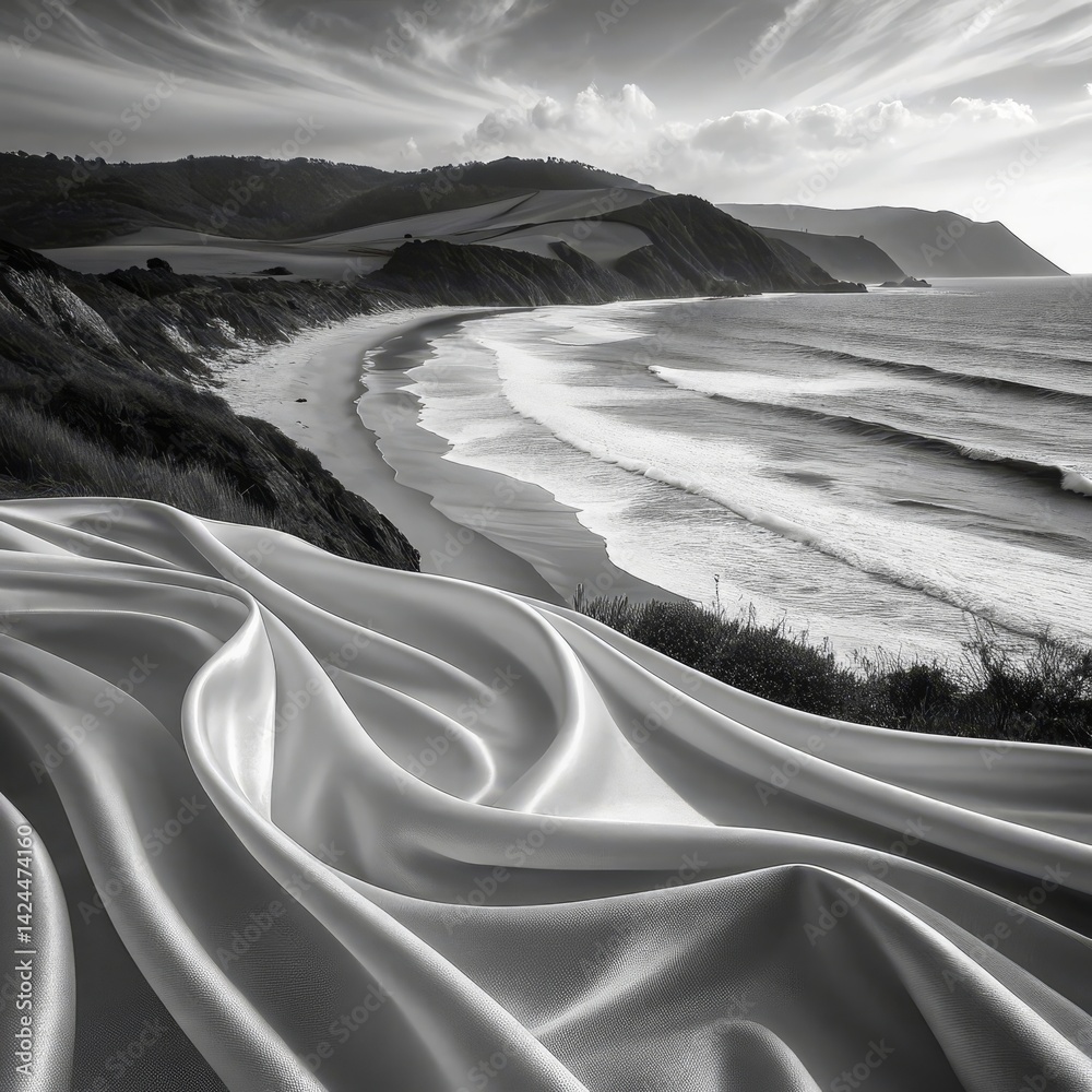 Obraz premium Serene Shores Black and White Coastline with Silk Drape, seascape, grayscale