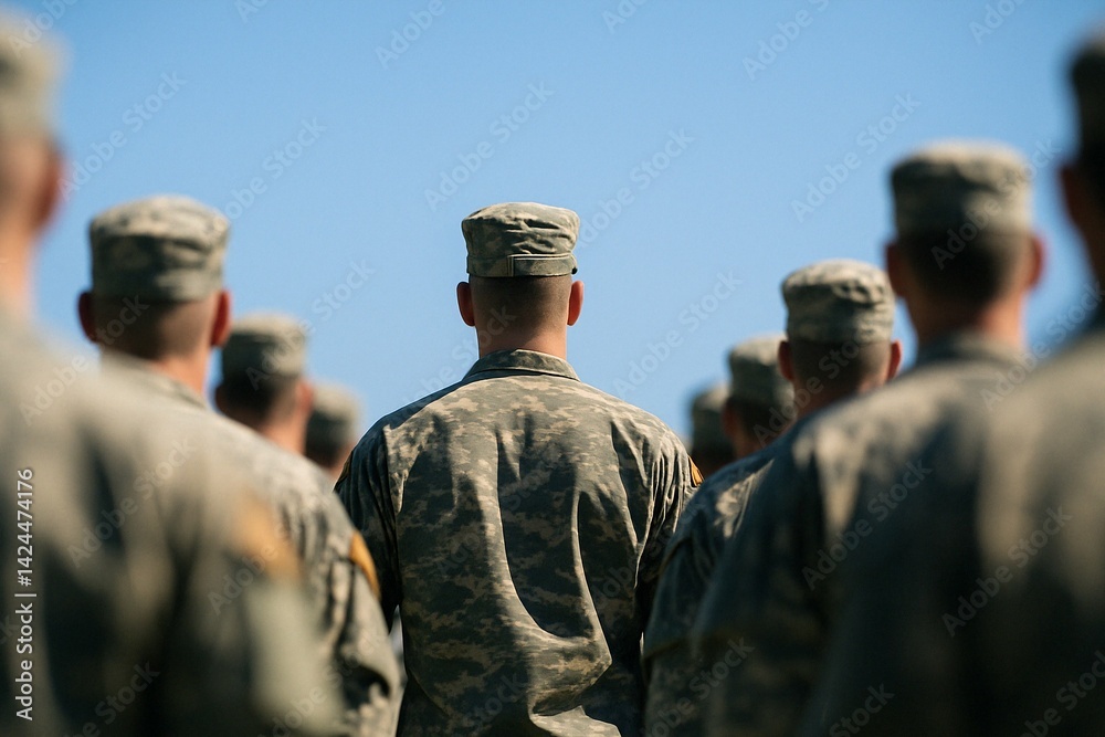 Back view of soldier military man standing in formation with others. Group of army man in camouflage uniform outdoor. Us soldier concept of patriotism and duty for national service.