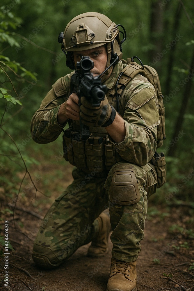 Fototapeta premium Caucasian man in tactical gear pointing rifle forward while kneeling in forest terrain. Soldier in camouflage uniform aiming weapon in outdoor war conflict concept.