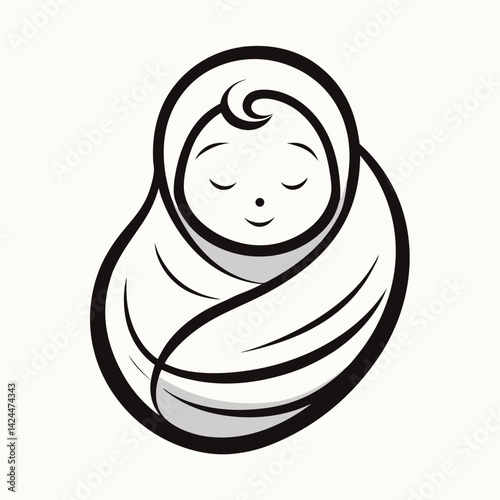 Sleeping Newborn Baby Swaddled in Blanket Simple Line Art