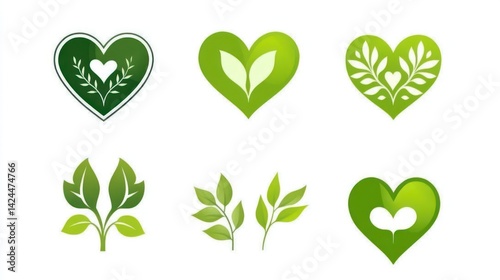 Green heart leaf logos; nature, eco, love