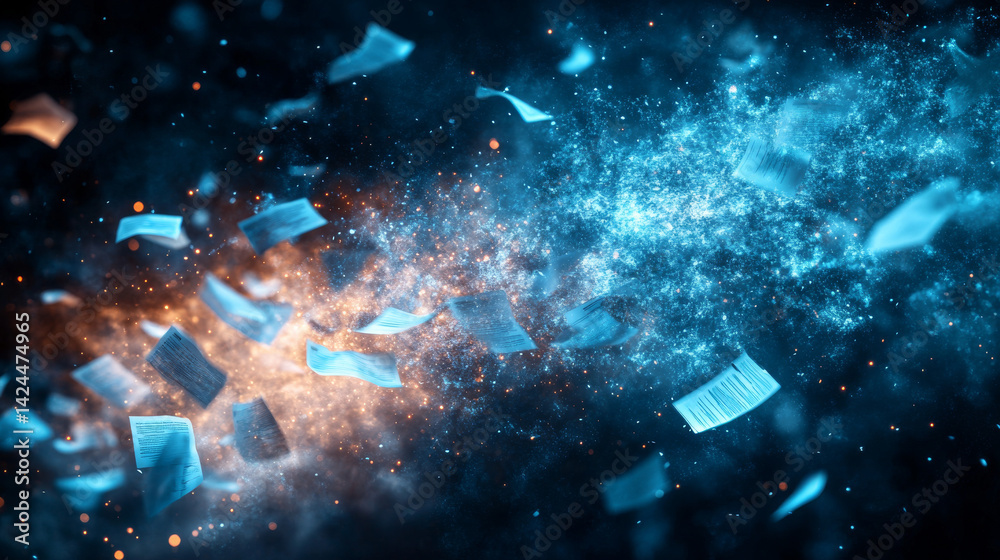 Numerous documents appearing to fly through the air on a dark background, symbolizing a business environment Numerous documents appearing to fly through the air on a dark background, symbolizing a business environment