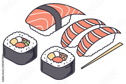 45 Sushi illustration, colorful nigiri and maki rolls, flat design, pastel colors, minimal shadows, clean lines, vector art style, food icon set, Japanese cuisine, salmon, tuna, tamago, ikura, white b