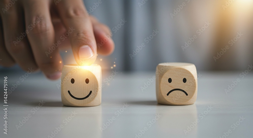 Man selecting happy face on wooden cube, showcasing customer satisfaction and experience concept for feedback or rating system design.