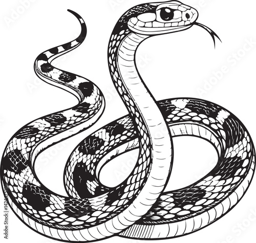 Corn snake Reptile Black and White Vector Illustration, Sketch Drawing Line Linear Symbol Icon Engraving, Hand-drawn Isolated