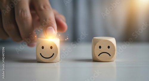 Obraz na płótnie Man selecting happy face on wooden cube, showcasing customer satisfaction and experience concept for feedback or rating system design. w salonie