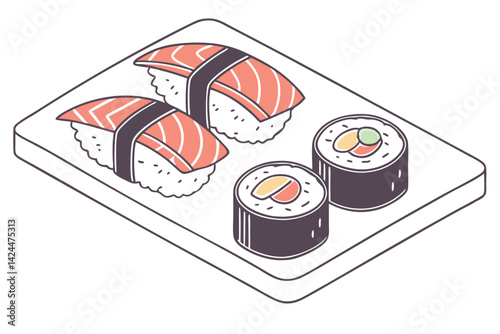 45 Sushi illustration, colorful nigiri and maki rolls, flat design, pastel colors, minimal shadows, clean lines, vector art style, food icon set, Japanese cuisine, salmon, tuna, tamago, ikura, white b