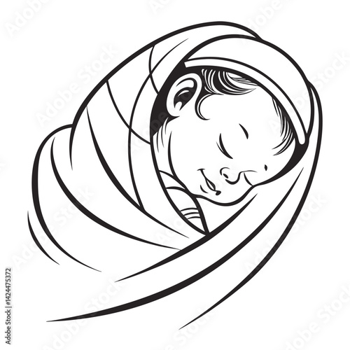 Sleeping Baby Swaddled in Blanket Line Art Illustration
