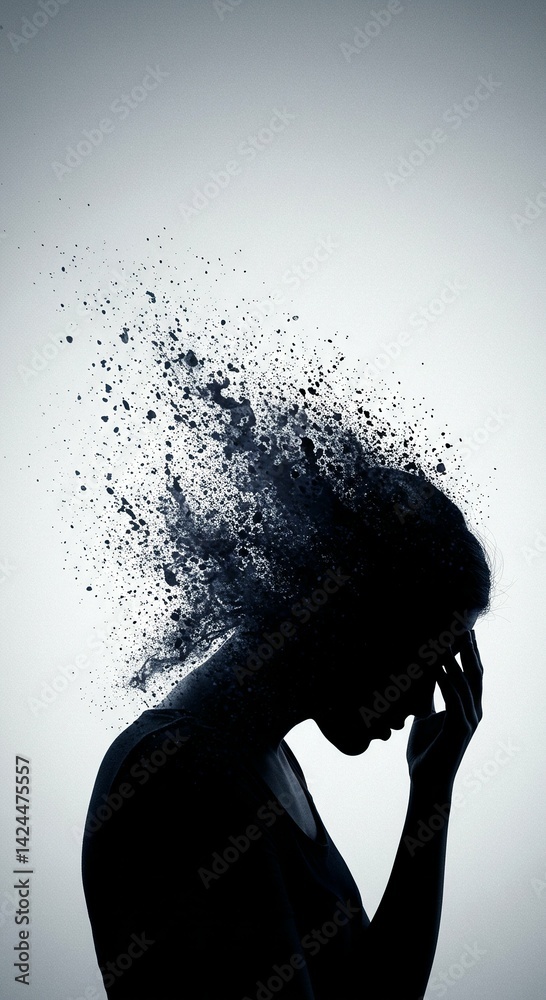 Silhouette of a woman with her head dissolving into particles, concept of mental health issues, headache pain, stress disorder, and anxiety problems for psychology visual.