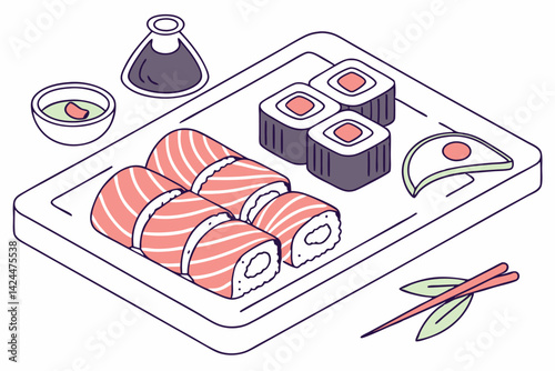 45 Sushi illustration, colorful nigiri and maki rolls, flat design, pastel colors, minimal shadows, clean lines, vector art style, food icon set, Japanese cuisine, salmon, tuna, tamago, ikura, white b