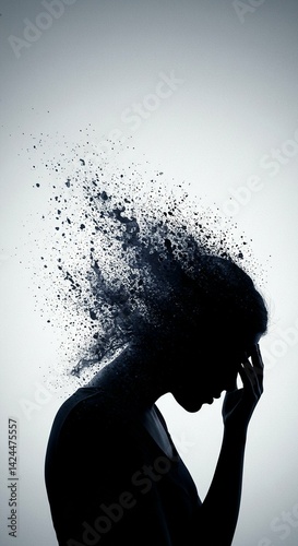 Obraz na płótnie Silhouette of a woman with her head dissolving into particles, concept of mental health issues, headache pain, stress disorder, and anxiety problems for psychology visual. w salonie