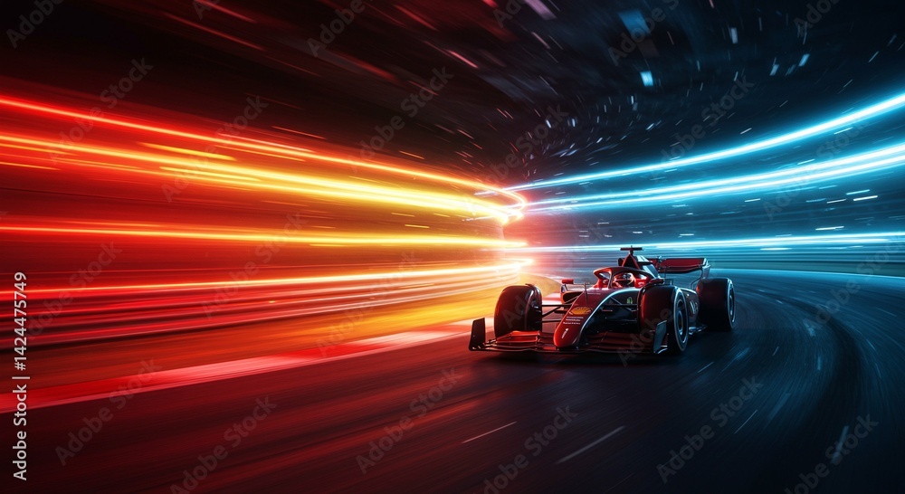 Red racing car on a high-speed illuminated track with motion blur and light trails, symbolizing professional motorsport and the thrill of dynamic competition