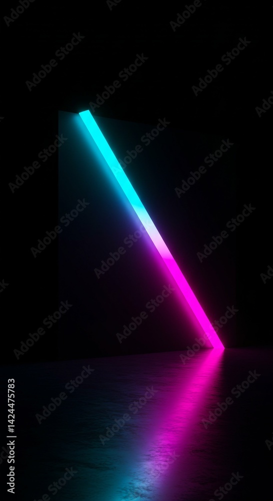 Corner of a dark room illuminated by a vertical gradient neon light from blue to pink reflecting on the floor creating an abstract futuristic backdrop
