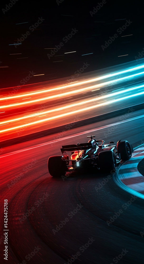 Formula one race car on track at night with neon lights trailing behind illustrating speed and motion blur of motorsport competition dynamics