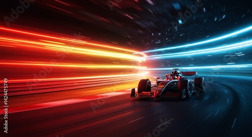 Obraz na płótnie Red racing car on a high-speed illuminated track with motion blur and light trails, symbolizing professional motorsport and the thrill of dynamic competition w salonie