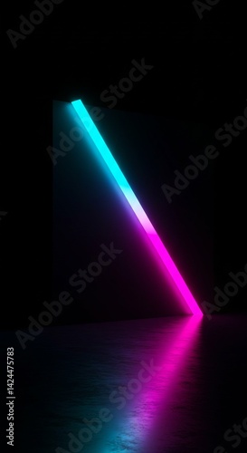 Obraz na płótnie Corner of a dark room illuminated by a vertical gradient neon light from blue to pink reflecting on the floor creating an abstract futuristic backdrop w salonie