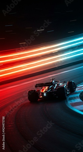 Obraz na płótnie Formula one race car on track at night with neon lights trailing behind illustrating speed and motion blur of motorsport competition dynamics w salonie