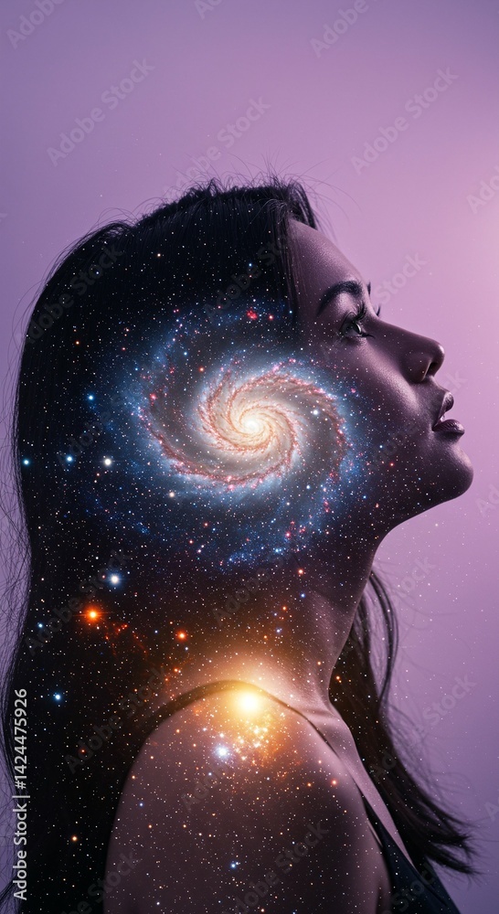Close up of woman's head with a galaxy swirl on her face. Mind universe concept with stars and nebula background. Inner thought space and creative thinking.