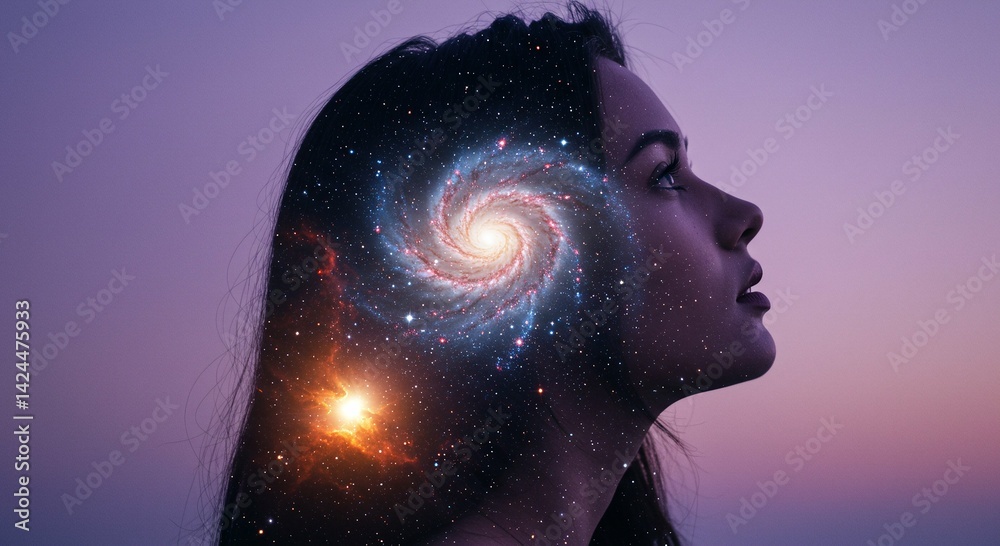 Double exposure of a woman's meditating head with a galaxy inside. Concept of the universe within, cosmic consciousness, and infinite possibilities in the human mind.