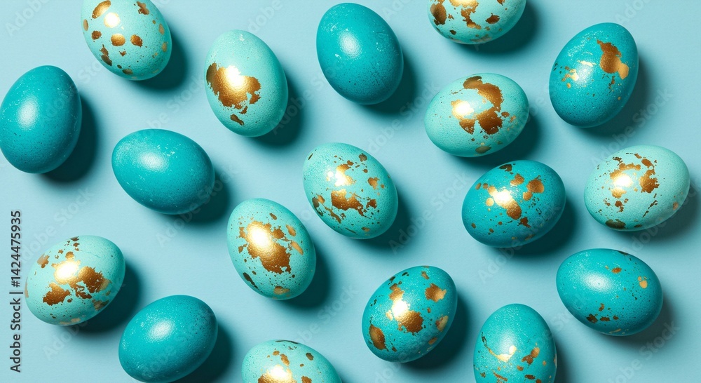Teal colored Easter egg with gold splatters on a light blue backdrop, a festive decoration for the holiday season and spring celebration
