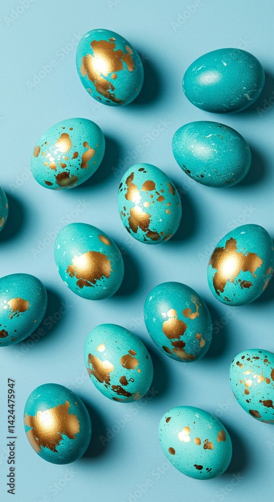 Many teal colored easter eggs with gold splatter decoration are arranged on a light blue background for design element or holiday celebration.
