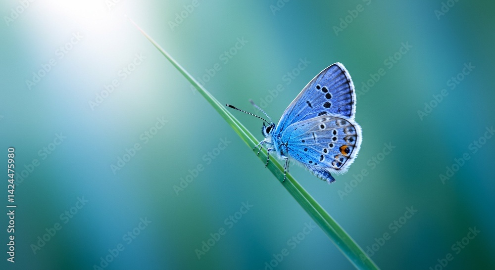 Blue butterfly perched on a blade of grass in nature with sun flare, showcasing the beauty of insect life in a serene macro setting.