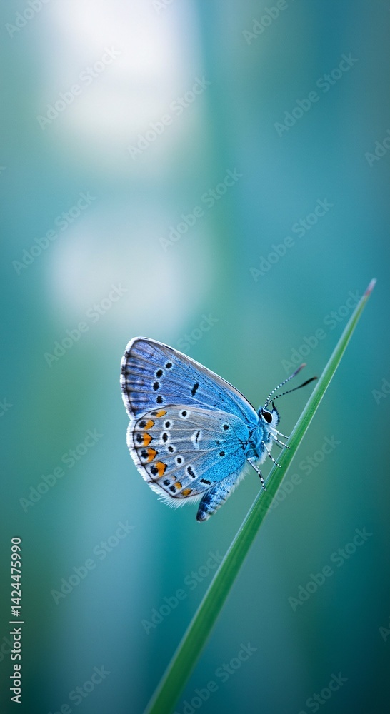 Close-up of a blue butterfly perched on a blade of green grass with orange and black spots on its wing. Macro shot of insect in nature for spring or summer concept.