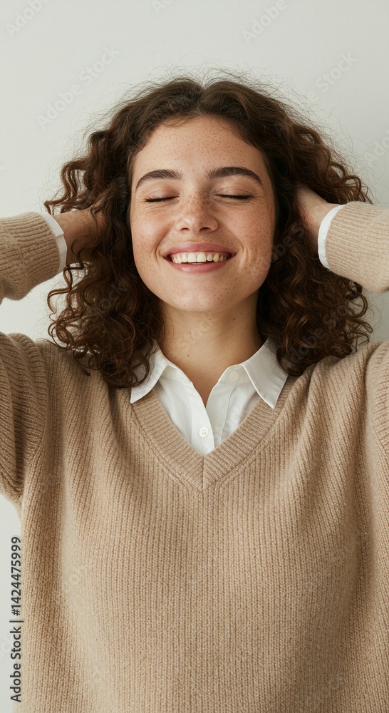 Woman smiling with eyes closed and hands running through her hair against a white backdrop, showcasing happy and carefree concept.