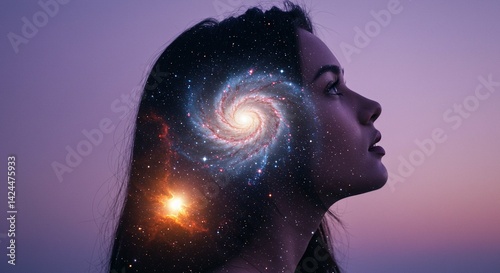 Obraz na płótnie Double exposure of a woman's meditating head with a galaxy inside. Concept of the universe within, cosmic consciousness, and infinite possibilities in the human mind. w salonie