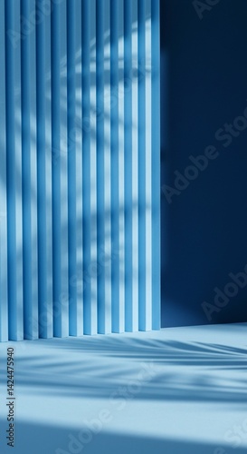 Obraz na płótnie Blue geometric wall with shadow on the floor. Modern abstract background with vertical slats and palm leaf shade for product display platform. w salonie