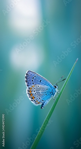 Obraz na płótnie Close-up of a blue butterfly perched on a blade of green grass with orange and black spots on its wing. Macro shot of insect in nature for spring or summer concept. w salonie