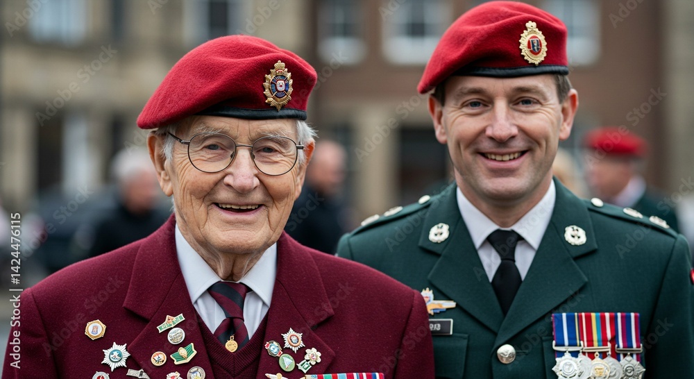 Two men, an older man and a younger man, are smiling while wearing red berets during a ceremony. Concept of military service and remembrance day.