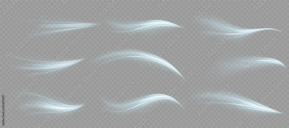 Curved neon waves rotate in high-speed light spiral. Frost wind texture moves gently in transparent swirl. Winter air streams flicker like glowing icy ribbon. Blizzard sparkles radiate cold