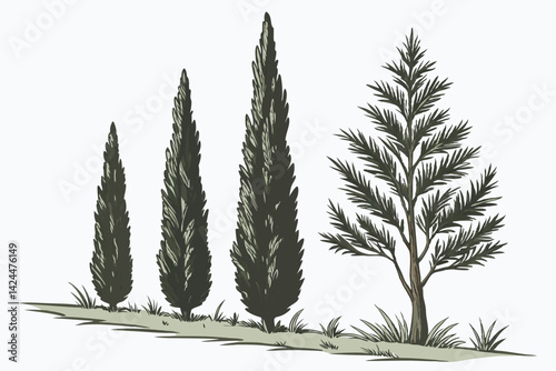 46 Columnar evergreen trees, slender cypress-like foliage, vibrant green needles, vertical growth habit, ornamental landscape plants, white background, botanical illustration style, isolated tree spec